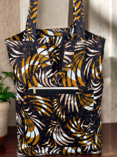 Shopper tas met Afrikaanse print - Bruine Mix Feathers - Herbruikbare Boodschappentas van katoen