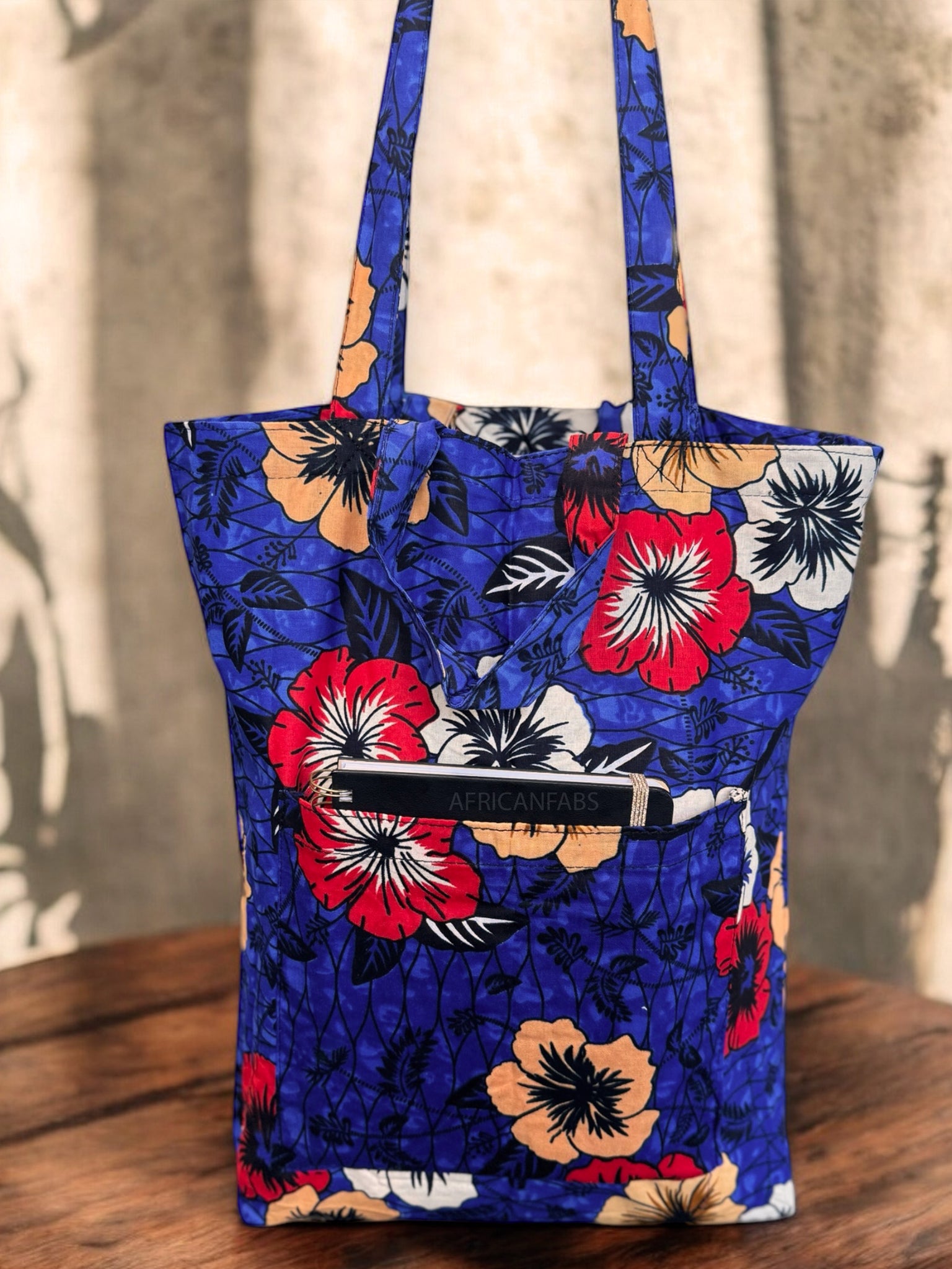 Shopper tas met Afrikaanse print - Blauwe Flowers - Herbruikbare Boodschappentas van katoen