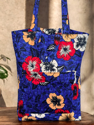 Shopper tas met Afrikaanse print - Blauwe Flowers - Herbruikbare Boodschappentas van katoen