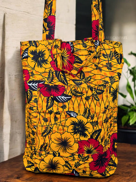 Shopper tas met Afrikaanse print - Gele Flowers - Herbruikbare Boodschappentas van katoen