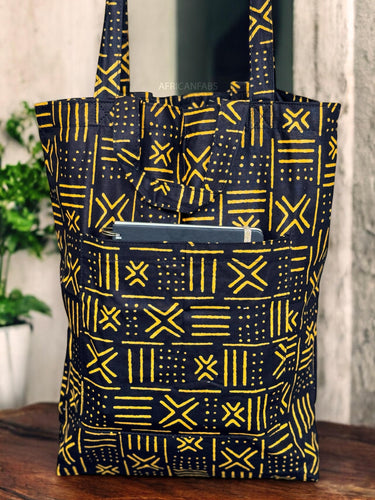 Shopper tas met Afrikaanse print - Zwart Gele X Bogolan - Herbruikbare Boodschappentas van katoen