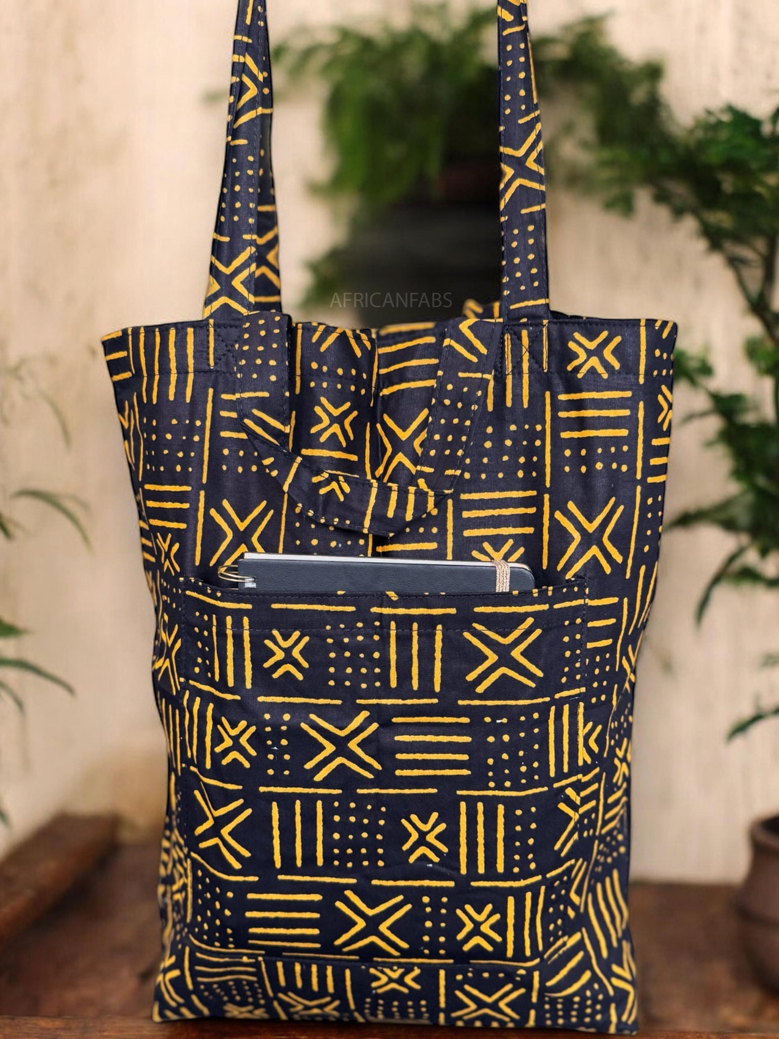 Shopper tas met Afrikaanse print - Zwart Gele X Bogolan - Herbruikbare Boodschappentas van katoen