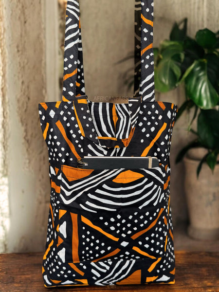 Shopper tas met Afrikaanse print - Zwart Oranje Bogolan - Herbruikbare Boodschappentas van katoen