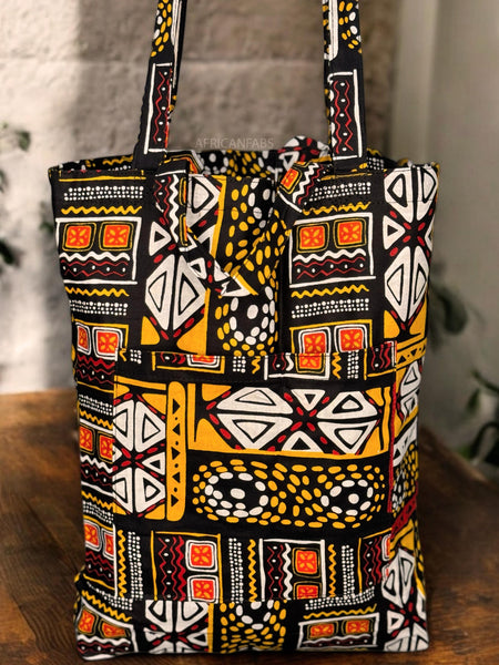 Shopper tas met Afrikaanse print - Gele Bogolan - Herbruikbare Boodschappentas van katoen