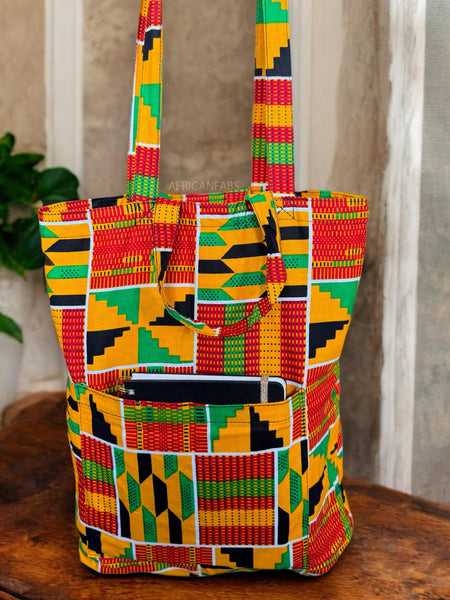 Shopper tas met Afrikaanse print - Geel Groene Kente - Herbruikbare Boodschappentas van katoen