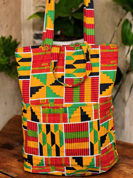 Shopper tas met Afrikaanse print - Geel Groene Kente - Herbruikbare Boodschappentas van katoen