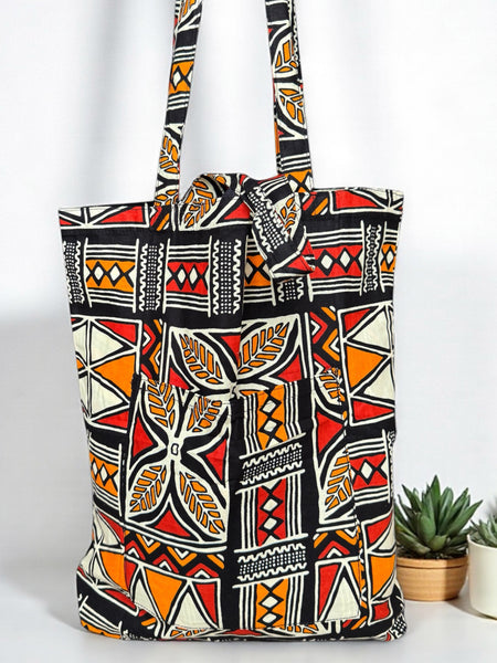 Shopper tas met Afrikaanse print - Oranje - Herbruikbare Boodschappentas van katoen