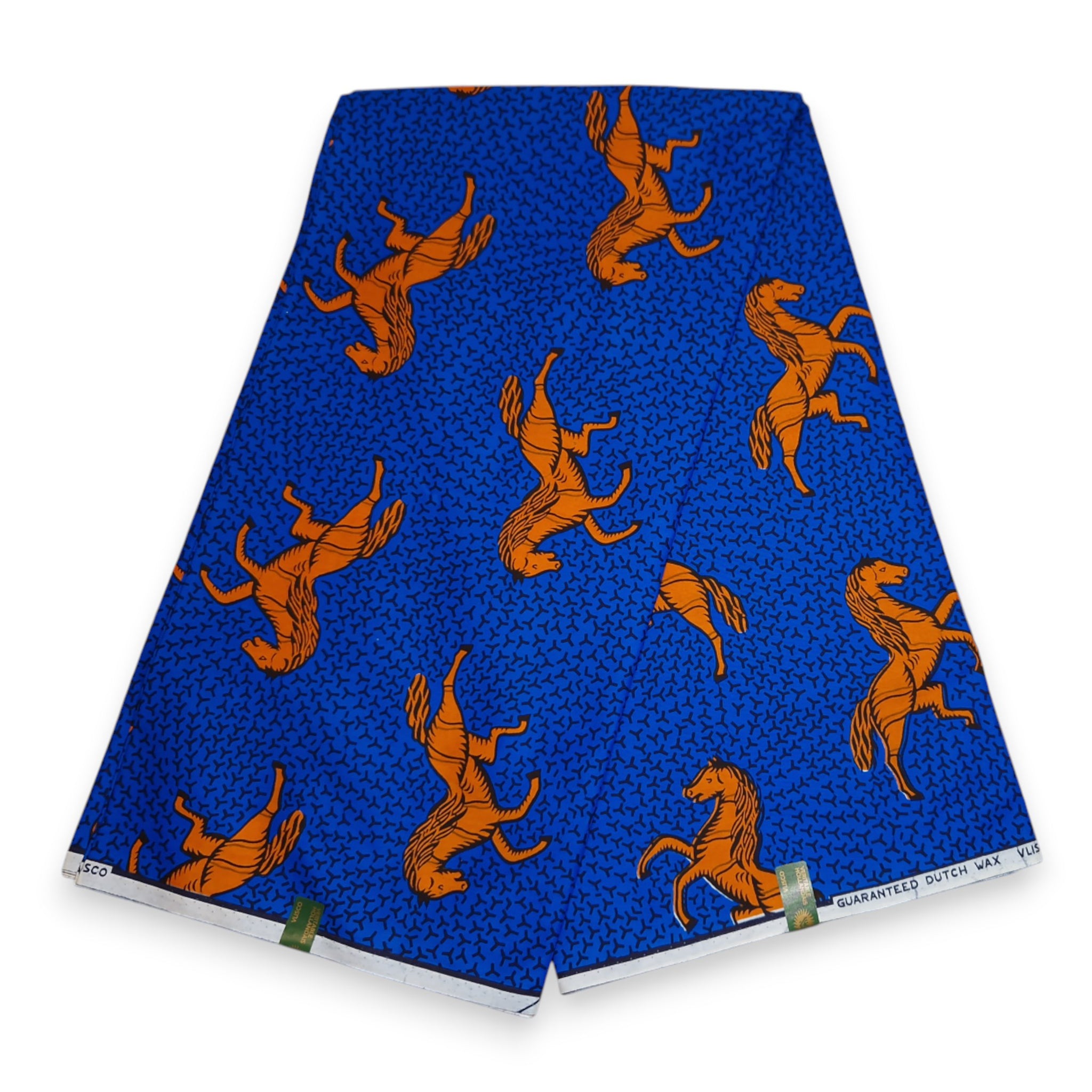 VLISCO stof Hollandais Afrikaanse Wax print - Blauw / Oranje Jumping Horse