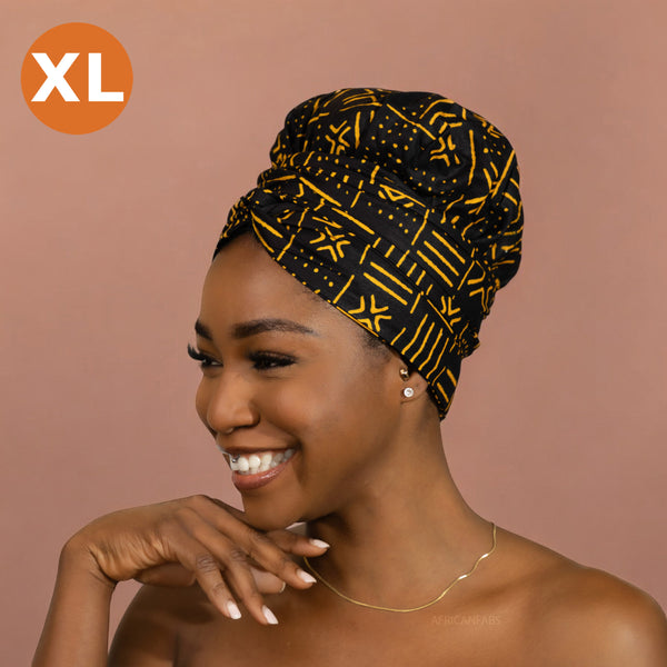 XL Easy headwrap / hoofddoek - Satijnen binnenkant - Zwarte x bogolan