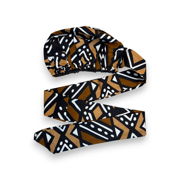 XL Easy headwrap / hoofddoek - Satijnen binnenkant - Bruin Zwart Bogolan