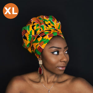 XL Easy headwrap / hoofddoek - Satijnen binnenkant - Oranje / groen Kente
