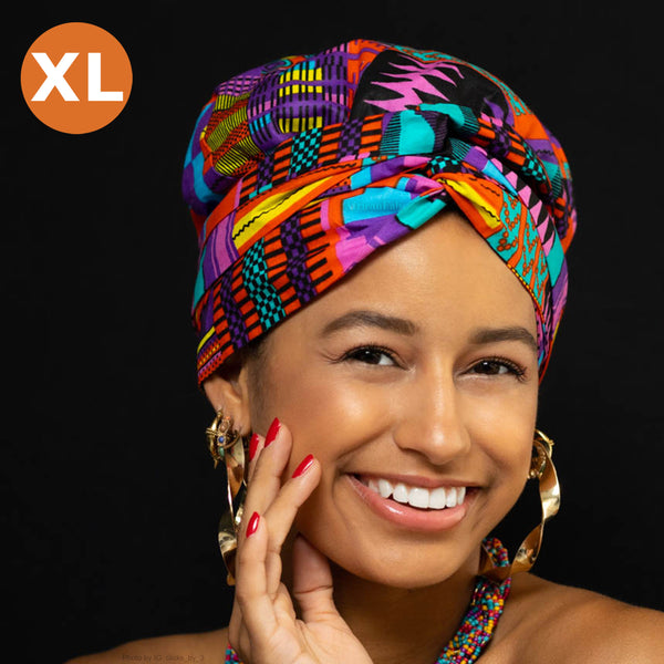 XL Easy headwrap / hoofddoek - Satijnen binnenkant - Blauw / Roze kente