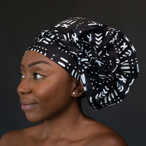 XL Easy headwrap / hoofddoek - Satijnen binnenkant - Zwarte bogolan