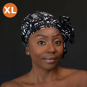 XL Easy headwrap / hoofddoek - Satijnen binnenkant - Zwarte bogolan