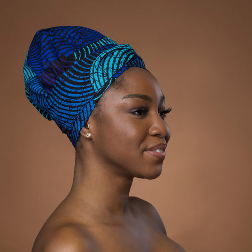 XL Easy headwrap / hoofddoek - Satijnen binnenkant - Blauw Turkoois Concentric Circle Design