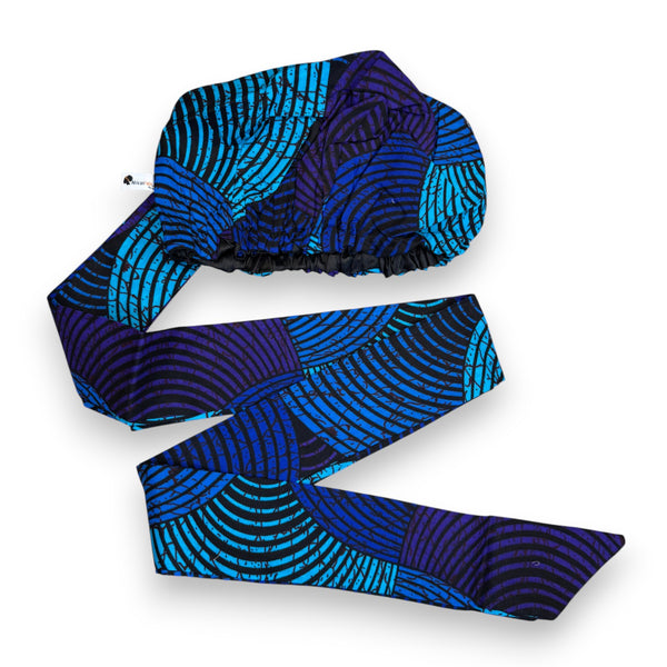 XL Easy headwrap / hoofddoek - Satijnen binnenkant - Blauw Turkoois Concentric Circle Design