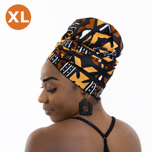 XL Easy headwrap / hoofddoek - Satijnen binnenkant - Bruine Bogolan