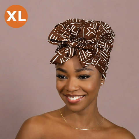 XL Easy headwrap / hoofddoek - Satijnen binnenkant - Bruine x Bogolan