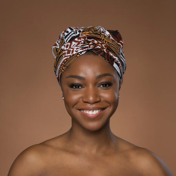 XL Easy headwrap / hoofddoek - Satijnen binnenkant - Bruin Bogolan Mosaic