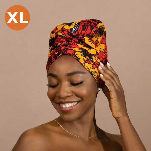 XL Easy headwrap / hoofddoek - Satijnen binnenkant - Rode Flowers