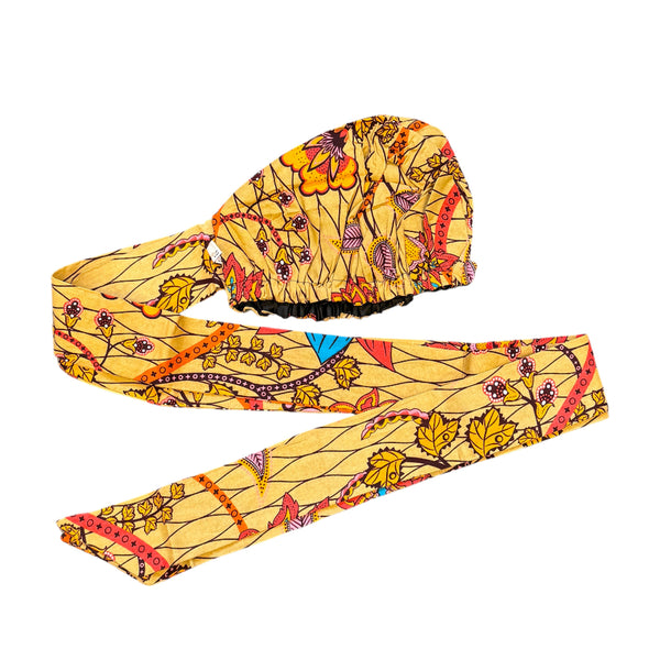 XL Easy headwrap / hoofddoek - Satijnen binnenkant - Beige Oranje Botanical Flow