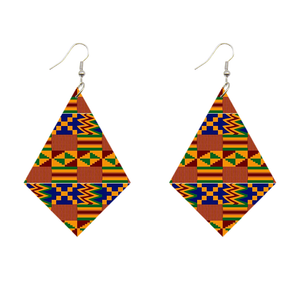 African Print Earrings | Ruitvormig Kente print wooden earrings