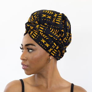 Easy headwrap / hoofddoek - Satijnen binnenkant - Zwart / Gele Bogolan
