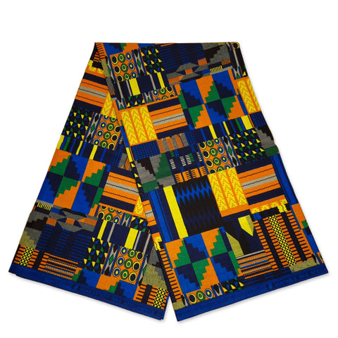 Afrikaanse Kente stof Blauw / Oranje kente print AF-4027 - 100% katoen