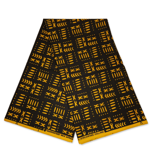 Afrikaanse Zwart / Gele Bogolan / Mud cloth print stof - Traditioneel uit Mali 100% katoen
