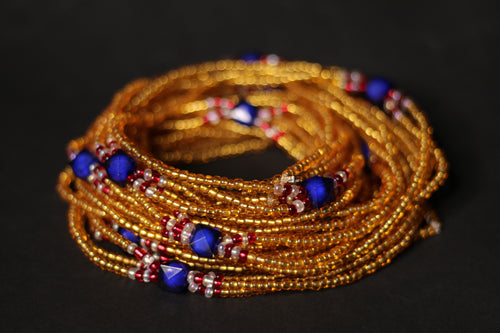 3 in 1 Waist Beads / Afrikaanse Heupketting - IYORE- Blauw / goud (elastisch)