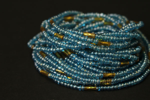 Waist Beads / Afrikaanse Heupketting - IZODUWA - Blauw / gold (elastisch)