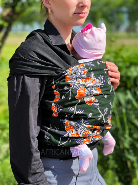 Afrikaanse Print Draagdoek / Draagzak / baby wrap / baby sling - Donker groen oranje flowers - gold embellished
