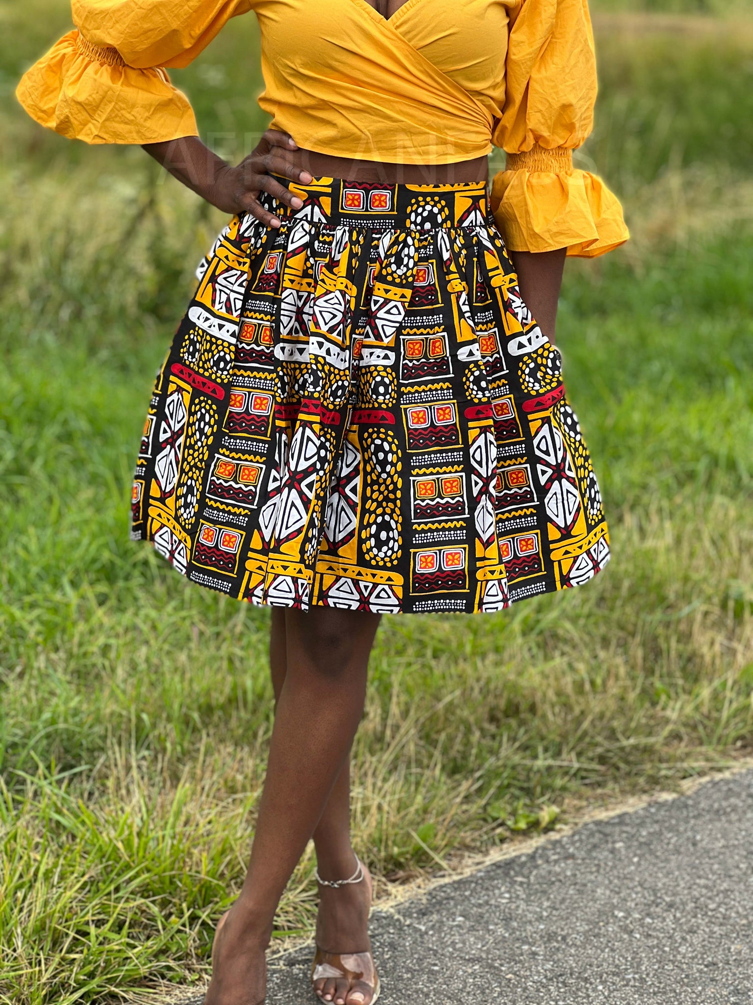Afrikaanse print mini rok - Gele Bogolan / Mud cloth