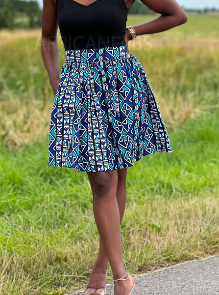 Afrikaanse print mini rok - Blauwe / Turquoise Bogolan / Mud cloth