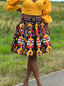 Afrikaanse print mini rok - Rood Gele Bogolan / Mud cloth
