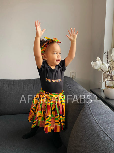 Afrikaanse print Kinder Rokje + Hoofdband met strik set in Kente print ( 1 - 10 jaar )