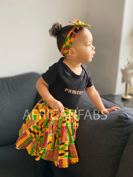 Afrikaanse print Kinder Rokje + Hoofdband met strik set in Kente print ( 1 - 10 jaar )