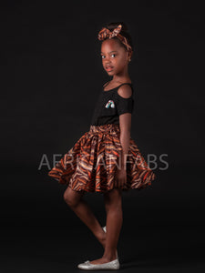 Afrikaanse print Kinder Rokje + Hoofdband met strik set Bruin ( 1 - 10 jaar )