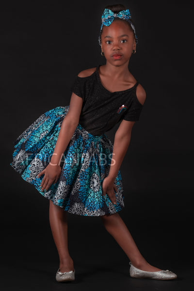 Afrikaanse print Kinder Rokje + Hoofdband met strik set Blauw ( 1 - 10 jaar )