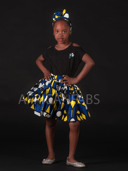 Afrikaanse print Kinder Rokje + Hoofdband met strik set Blauwe Samakaka ( 1 - 10 jaar )