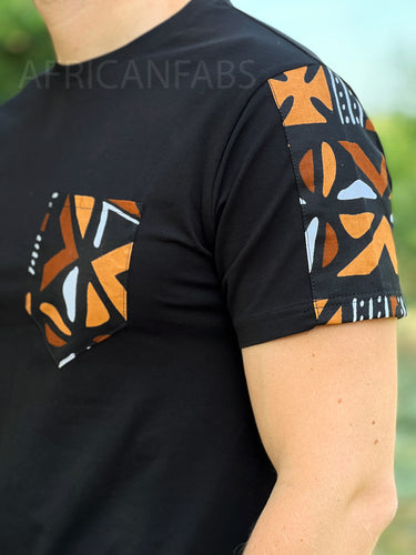 T-shirt met Afrikaanse print details - bruine bogolan mouwen en borstzak