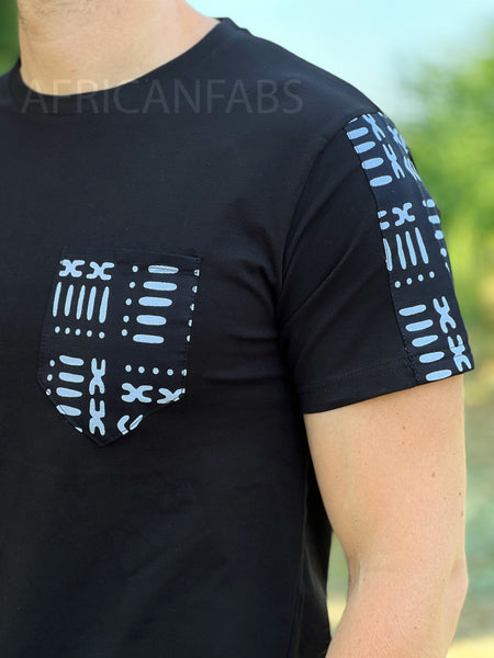 T-shirt met Afrikaanse print details - zwarte bogolan mouwen en borstzak