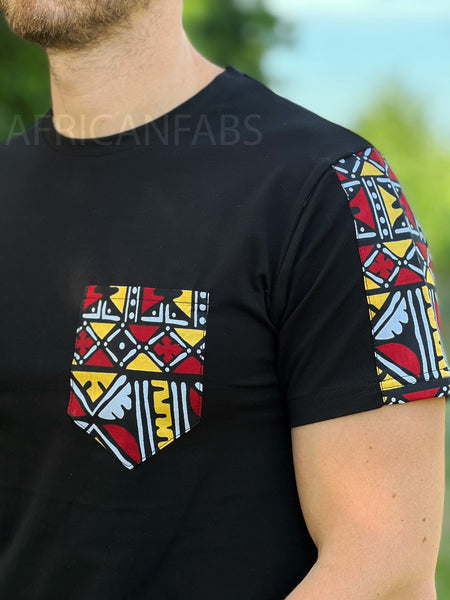 T-shirt met Afrikaanse print details - kastanjerode bogolan mouwen en borstzak