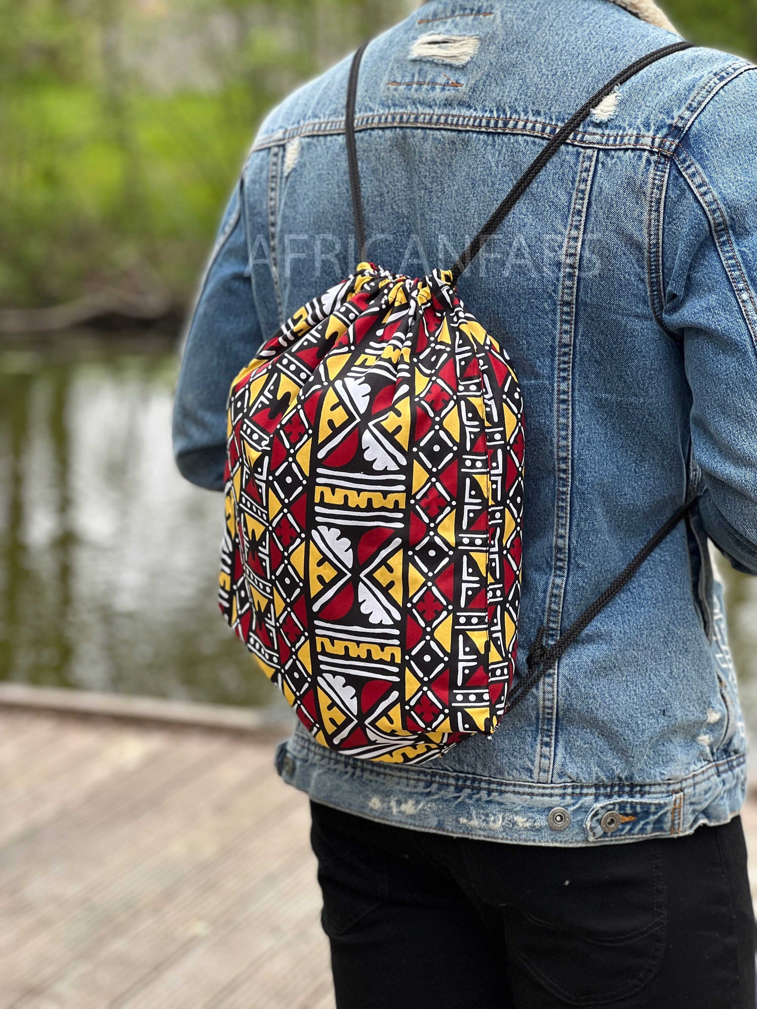 Afrikaanse print rugzak / Gymtas / Schooltas met rijgkoord - Zacht geel / bordeaux bogolan