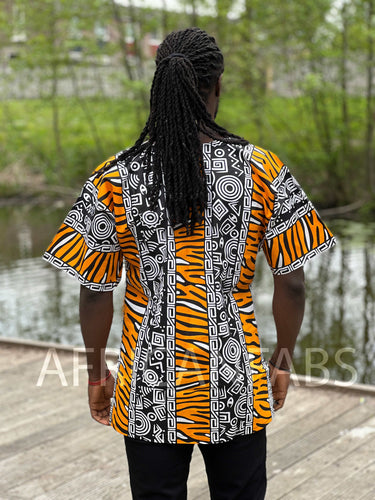 Oranje / wit Bogolan Dashiki Shirt / Dashiki Jurk - Afrikaans shirt - Unisex