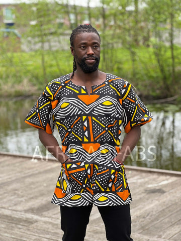 Zwart / geel / oranje Bogolan Dashiki Shirt / Dashiki Jurk - Afrikaans shirt - Unisex