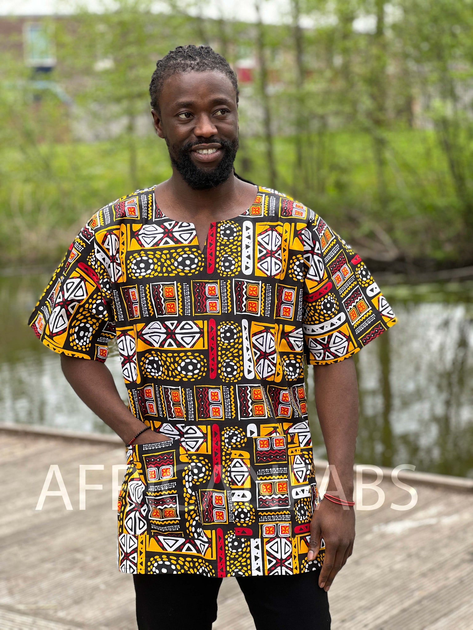 Zwart / Geel Bogolan Dashiki Shirt / Dashiki Jurk - Afrikaans shirt - Unisex