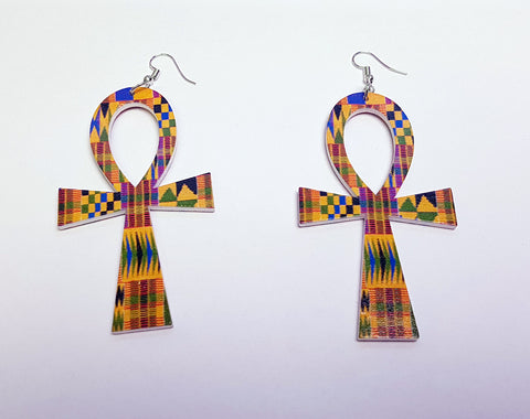 Ankh shaped wooden African Earrings with Print - Kente