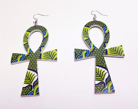 Ankh shaped wooden African Earrings with Print - Green leaves