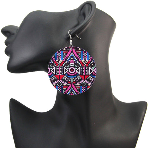 Roze / Blauwe tribal print Oorbellen - Afrikaanse drop oorbellen